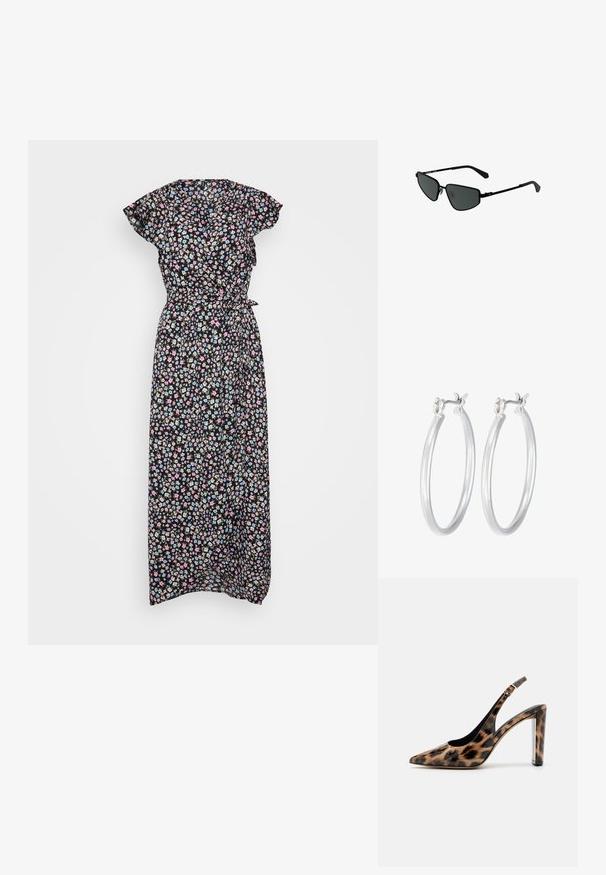 Blommig maxiklänning i svart tyg med korta fluffiga ärmar, har flerfärgade små blommor och en midjeband för justerbar passform.; Leopardmönstrad slingback-pump med spetsig tå och transparent blockklack. Tillverkad av glansigt material med en slät textur.; Svarta metallsolglasögon med vinklade bågar och mörka linser. Har tunna, raka armar och nässtöd för säker passform.; Silverfärgade hoopörhängen med en slät, polerad yta. Rund form och säker klickstängning. Lättviktig design som passar för vardagligt bruk.