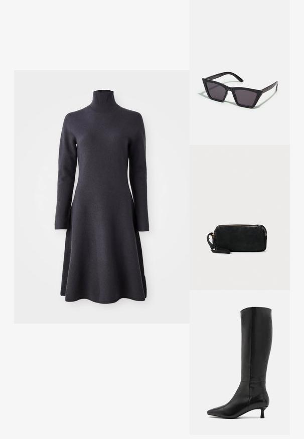 Dunkelgraues, langärmliges Kleid mit hohem Kragen. A-Linien-Silhouette, weiche Textur und ein Saum, der sich am Boden ausweitet.; Zign Stiefel - black; Schwarze, eckige Sonnenbrille mit grauen Gläsern; aus Kunststoff gefertigt, mit dicken Bügeln, die eine glatte Oberfläche und keine sichtbaren Beschläge haben.; Schwarze Wildleder-Clutch mit einem Reißverschluss und abnehmbarem Handgelenkband. Verfügt über goldfarbene Hardware und eine glatte, matte Oberfläche.