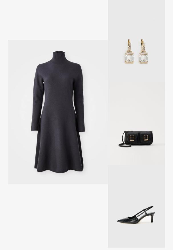 Tmavosivý, dlhý rukáv šaty s vysokým golierom. Silueta do A, jemná textúra a spodný lem, ktorý sa ku koncu rozširuje.; Čierne patentové slingback topánky na ihlovom podpätku s špicatou špičkou, s textúrovaným hadím vzorom, nastaviteľným popruhom a krátkym, textúrovaným blokovým podpätkom.; Čierna kožená crossbody taška s dvoma prednými vreckami, zlatými sponami, zipsovým uzatváraním a úzkym popruhom. Štruktúrovaný povrch a kompaktný obdĺžnikový tvar.; Náušnice v zlatej farbe, ktoré majú obdĺžnikový, transparentný kryštál visiaci pod radom malých, guľatých, čírych akcentov. Elegantný, moderný dizajn.