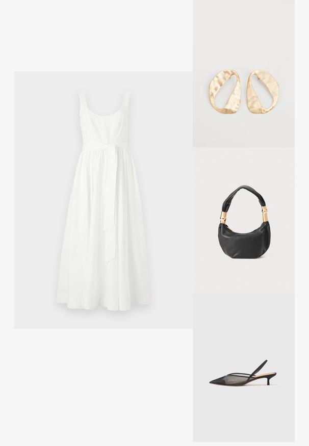 Bjela haljina bez rukava s uskim gornjim dijelom i lepršavom suknjom midi dužine. Ima pojas s vezanjem u struku i glatku, pamučnu teksturu.; NEOUS IRENA - Klasične cipele s visokom petom - black; Crna kožna torba s okruglim oblikom, mekim teksturom i čvorastom ručkom s zlatnim metalnim detaljima. Zatvaranje na patentni zatvarač.; Par zlatnih metalnih naušnica nepravilnog ovalnog oblika s teksturiranom, blago kovanom površinom na bijeloj pozadini.
