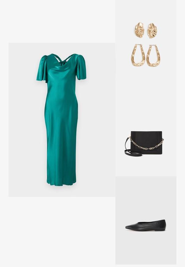 Vestido de cetim azul-petróleo com mangas curtas em balão, decote drapeado com um laço trançado na parte de trás e uma silhueta reta até ao tornozelo.; Bailarina de couro preto, bico fino, design minimalista, textura suave, salto baixo, sem hardware ou embelezamentos visíveis.; Bolsa crossbody de couro preto com uma textura suave, forma retangular e um detalhe em corrente metálica na frente. Inclui uma alça ajustável.; Brincos em tom de ouro com formas onduladas e texturizadas. Inclui studs escultóricos com presilha e um design de argola aberta com um acabamento martelado.