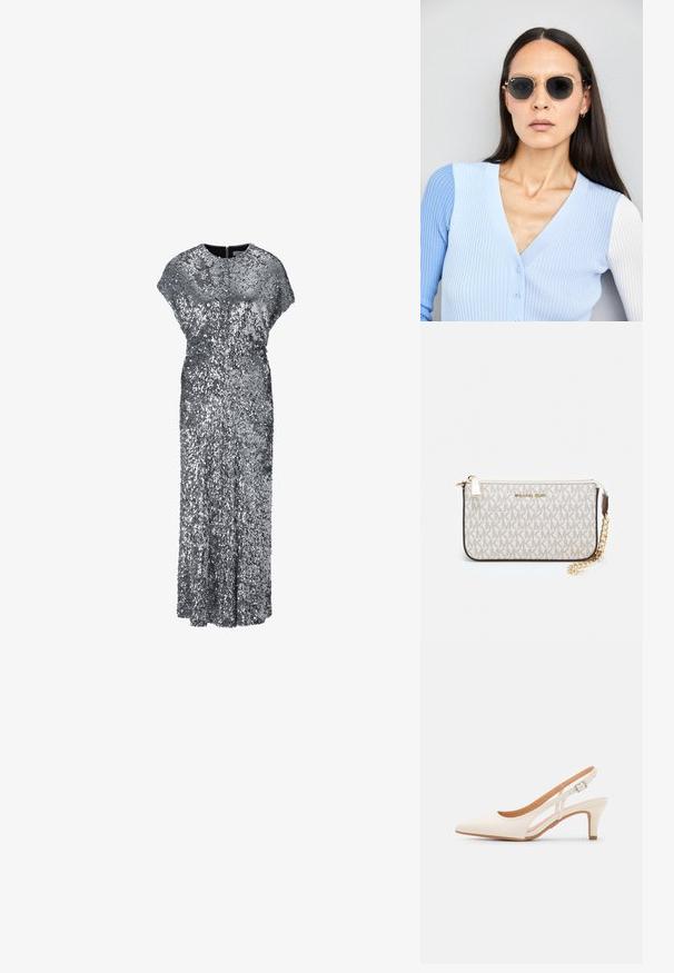 Silver sequin evening dress with a loose fit, cap sleeves, and a long, straight silhouette. Zipper closure at the back. Smooth texture.; White slingback heel with a pointed toe, smooth upper material, low block heel, and side cut-out design with adjustable buckle strap.; Round sunglasses with dark lenses and gold frames. The model wears a light blue, ribbed cardigan with buttons and contrast white sleeves.; Michael Kors wristlet in beige coated canvas featuring a repeating MK logo pattern, gold hardware, and a detachable chain strap.