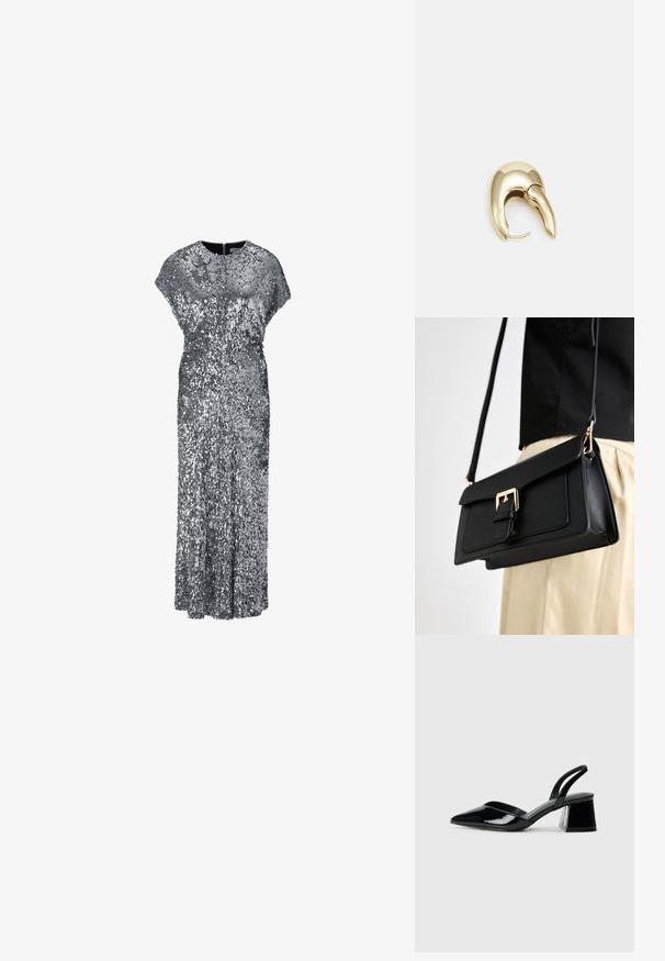 Sølv paliet aftenkjole med løs pasform, kapærmer og en lang, lige silhuet. Lynlåslukning i ryggen. Glat tekstur.; Sorte patentlæder slingback hæle med spids tå og en geometrisk blok hæl. Har et elegant, minimalistisk design og en glat tekstur.; Sort faux læder håndtaske med en guldtonet spænde lukning, flad design og justerbar rem, præsenteret mod en lys baggrund.; Guldtonet metal ørering med et slankt, buet design. Har en karakteristisk spids form, poleret overflade og hængselåbning.