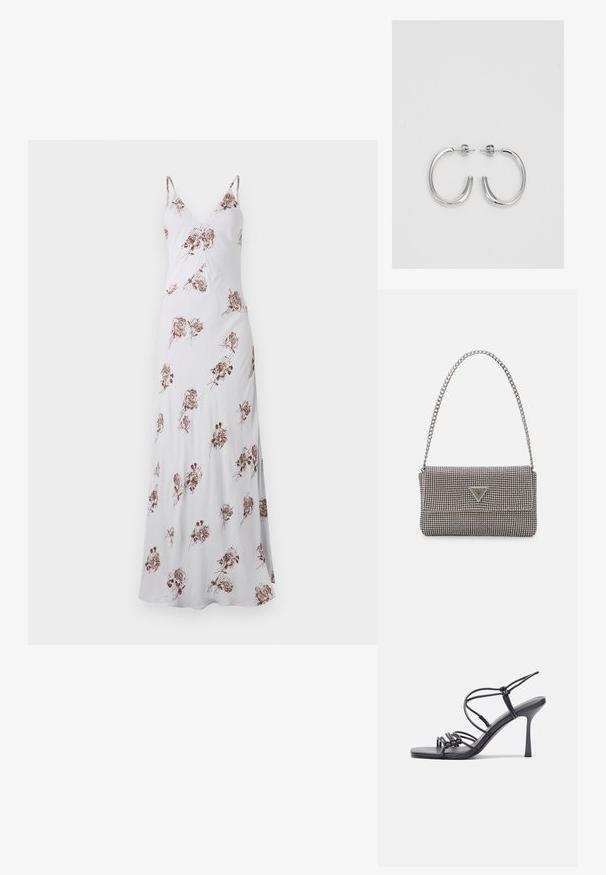 Ilga balta suknelė su plonomis petnešomis, dekoruota rudo atspalvio gėlių raštu. Pagaminta iš lygios medžiagos, su V formos kaklo iškirpte ir laisva siluetu.; Juodos aukštakulnės sandalai pasižymi plonyčiais dirželiais su mazgo dizainu, lygiu kvadratiniu pirštu ir elegantišku stiletto kulnu.; Šviesiai pilka metalinė rankinė su grandinėlės dirželiu, papuošta mažais apvaliais metaliniais smeigėmis ir trikampiu prekės ženklu.; Sidabrinės auskarai žiedai su lygiu, blizgiu paviršiumi. Suapvalinta forma, lengvas dizainas, su uždarymu ant smeigtuko.