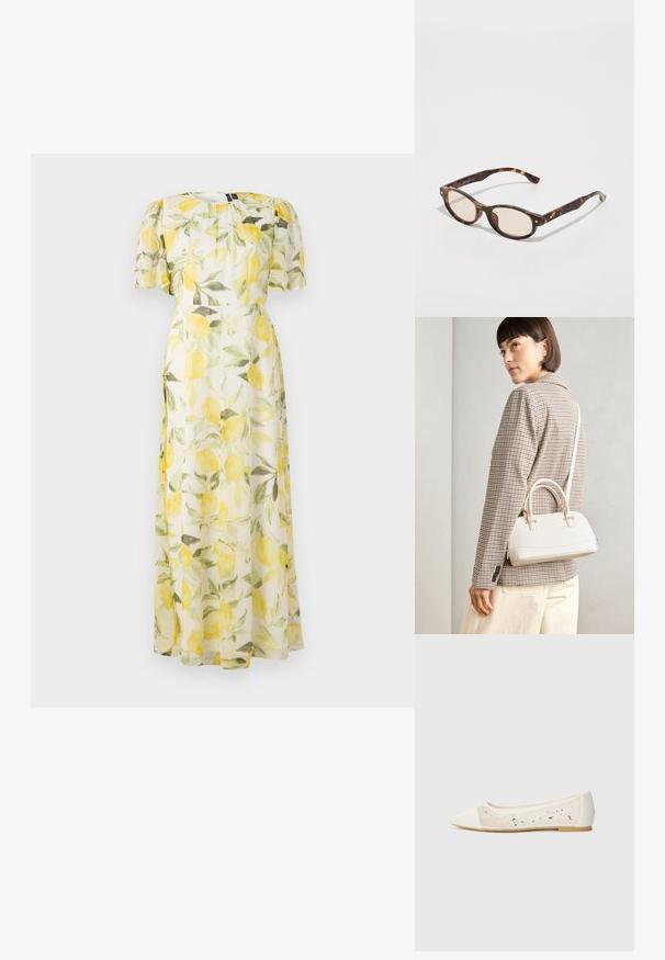 Vestuário floral com impressão de limão em tecido branco transparente, com mangas curtas bufantes e cintura ajustada, fluindo até um comprimento maxi.; Sandal com biqueira apontada em pele creme com parte superior transparente decorada com strass dispersos. Sola macia para conforto, design minimalista.; Óculos de sol em padrão tartaruga com formato arredondado e lentes claras. Apresentam hastes robustas com pequenos detalhes em dourado, feitos de material plástico.; Bolsa estruturada branca com alças curtas e uma alça de ombro, com detalhes em hardware dourado e material texturizado, exibida contra um fundo cinza.