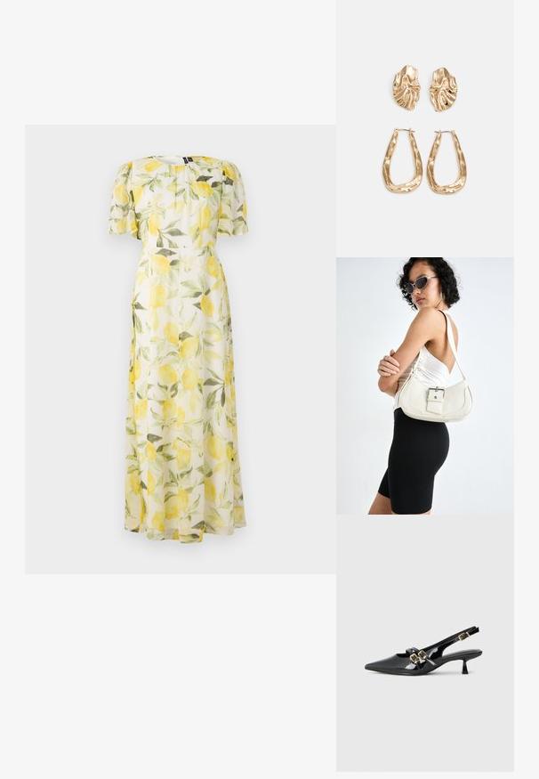 Gėlių suknelė, dekoruota citrinų raštu ant permatomos baltos medžiagos, su trumpomis pūkuotomis rankovėmis ir įveržta juosmeniu, besitęsiančia iki maksi ilgio.; Juodų lakuotų odinių šlepečių su atvira kulnine, smailiu nosiu, dvejomis juostelėmis su aukso užsegimais ir trumpu kitten kulnu. Lygi tekstūra.; Balta odinė rankinė su kreiva forma, reguliuojama dirželiu ir mažu sagties akcentu. Modelis vilki priglundančius juodus drabužius.; Auksinės auskarai, turintys tekstūruotus, bangų formos elementus. Įeina skulptūriniai segami auskarai ir atviri lankai su išmuštu paviršiumi.