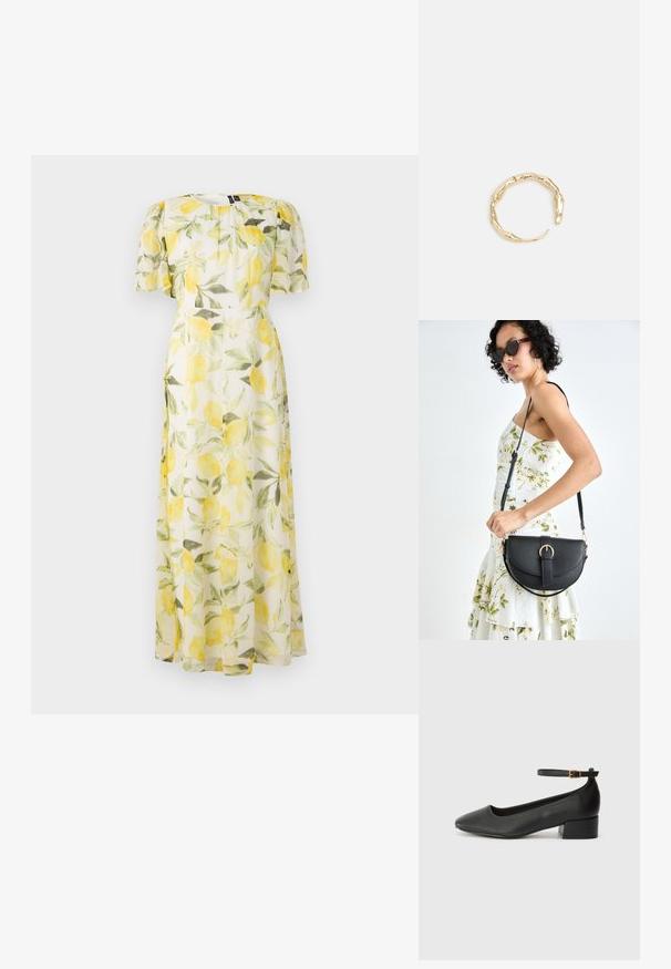 Gėlių suknelė, dekoruota citrinų raštu ant permatomos baltos medžiagos, su trumpomis pūkuotomis rankovėmis ir įveržta juosmeniu, besitęsiančia iki maksi ilgio.; Juodas odinis aukštakulnis batelis su smailiu pirštu ir žemu bloku. Su kulkšnies dirželiu su auksinės spalvos sagtimi. Lygus paviršius.; Juodas odinis krepšys su išlenkta forma, nuimamu dirželiu ir auksiniais detalėmis. Krepšys turi kilpą su sagtimi.; Auksinės spalvos žiedas, turintis organišką, sukimosi dizainą su lygiu paviršiumi ir siaurėjančiais galais, sukuriantis modernią skulptūrinę išvaizdą.