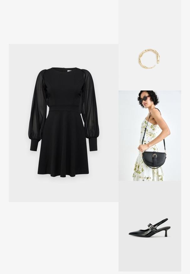 Črna obleka s prilegajočim bodijem, razširjenim krilom in prosojnimi nabranimi rokavi. Ima okrogel ovratnik in zadrgo na hrbtni strani.; Črne patent usnjene slingback pete s koničastim nosom in majhnim blok peto, ki vključujejo srebrno zaponko na traku.; Črna usnjena torbica s ukrivljeno obliko, z odstranljivo naramnico in zlatimi dodatki. Torbica ima pokrov s podrobnostmi v obliki zaponke.; Zlati prstan s organskim, zvitim dizajnom, gladko površino in taperiranimi konci, ki ustvarja modernega, skulpturalnega videza.