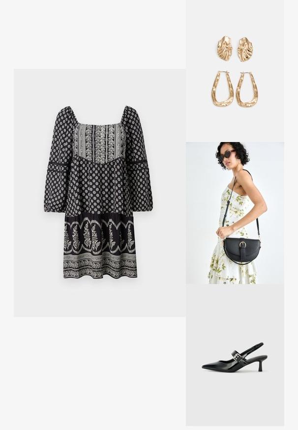 Vestido preto floral com um decote quadrado, mangas longas em forma de sino e bainha em camadas. Apresenta padrões brancos bordados por todo o vestido.; Saltos slingback em verniz preto com bico pontiagudo e um pequeno salto bloco, apresentando um detalhe de fivela prateada na tira.; Bolsa de couro preta com forma curva, alça destacável e detalhes em dourado. A bolsa possui uma aba com detalhe de fivela.; Brincos em tom de ouro com formas onduladas e texturizadas. Inclui studs escultóricos com presilha e um design de argola aberta com um acabamento martelado.