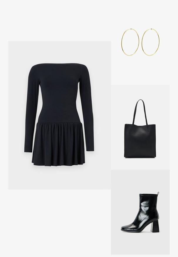 Musta pitkähihaisten mekko, jossa on kapea yläosa ja kellotettu alaosa, valmistettu pehmeästä materiaalista. Tasainen tekstuuri, polvimittainen ja yksinkertainen muotoilu.; Mustat kiiltonahkaiset nilkkurit, joissa on neliskulmainen varvas ja massiivinen geometrinen korko. Ominaisuuksia ovat sileä, kiiltävä pinta ja takana oleva vetotappi helppoa pukemista varten.; Mustapahkainen kangaskassi, jossa on sileä pinta, suorakaiteen muotoinen ja kaksi pitkää kahvaa. Ei näkyvää metalliosaa tai koristeita.; Kultaiset rengaskorvakorut, joissa on sileä ja pyöristetty muotoilu. Ohuet ja kevyet, sisältäen jatkuvan lenkin ilman mitään koristeita.