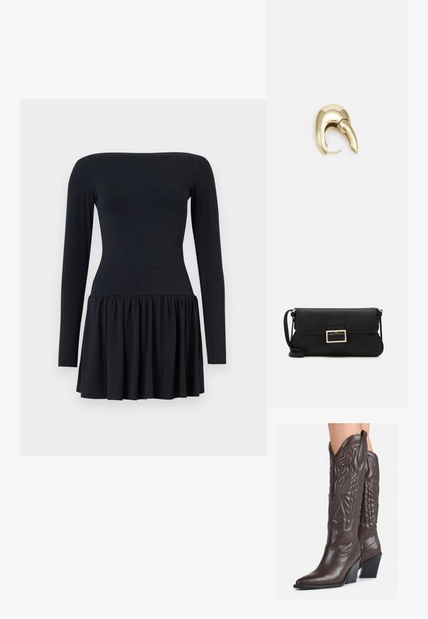 Melnas garām piedurknēm tērps ar pieguļošu korpusu un izplestu apakšu, izgatavots no mīksta materiāla. Gluda tekstūra, līdz ceļgaliem un vienkāršs dizains.; Brūni ādas kovboju zābaki ar norādītu purngalu un blokveida papēdi, ar detalizētu šūšanu un paceltiem akcentiem uz kājas daļas.; Melnas ādas saķeres soma ar atloku un zelta metāla sprādzi. Ietver melnu siksnu un elegantu, minimālistisku dizainu.; Zeltīti metāla auskari ar gludu, izliekta dizaina. Ar atšķirīgu smailu formu, pulētu virsmu un eņģu aizdari.