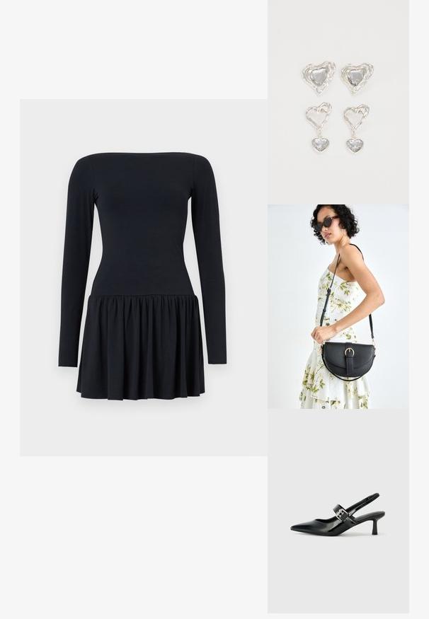 Černé dlouhé šaty s přiléhavým živůtkem a rozšířeným spodním dílem, vyrobené z měkkého materiálu. Hladká textura, délka ke kolenům a jednoduchý design.; Černé lakované boty na podpatku typu slingback s špičatou špičkou a malým blokovým podpatkem, které mají na pásku stříbrný přezkový akcent.; Černá kožená kabelka s křivkovým tvarem, odnímatelným popruhem a zlatými detaily. Kabelka má klopu s přezkou.; Stříbrné náušnice ve tvaru srdce mají fasetované průhledné kameny a texturovaný rám. Sada zahrnuje styl pecek a visacích náušnic.