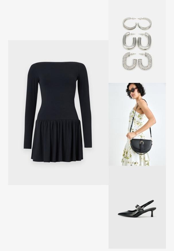 Black long-sleeve dress with a fitted bodice and flared bottom, made of soft material. Smooth texture, knee-length, and simple design.; Black patent leather slingback heels with a pointed toe and a small block heel, featuring a silver buckle accent on the strap.; Black leather handbag with a curved shape, detachable strap, and gold hardware. The bag features a flap with a buckle detail.; Four pairs of silver earrings: two shiny smooth hoop designs, one textured, and one covered in small clear rhinestones.