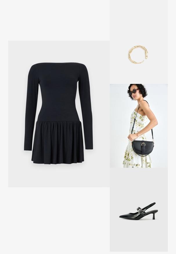 Melnas garām piedurknēm tērps ar pieguļošu korpusu un izplestu apakšu, izgatavots no mīksta materiāla. Gluda tekstūra, līdz ceļgaliem un vienkāršs dizains.; Melnas lakotas ādas sūkņa kurpes ar norādītu purngali un mazu bloku papēdi, ar sudraba sprādzi akcentā uz jostas.; Melnas ādas rokassoma ar izliekta formu, noņemamu siksnu un zelta aksesuāriem. Somai ir vāciņš ar sprādzes detaļu.; Zelta toņa gredzens ar organisku, vērptu dizainu, gludu virsmu un sašaurinātiem galiem, radot mūsdienīgu, skulpturālu izskatu.