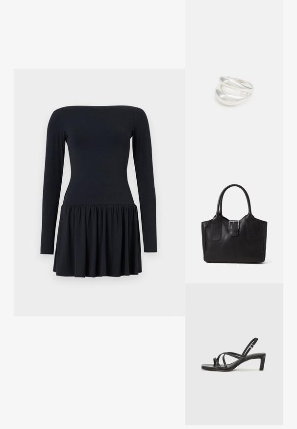 Czarna sukienka z długim rękawem, dopasowanym topem i rozkloszowanym dołem, wykonana z miękkiego materiału. Gładka faktura, do kolan i prosty design.; Czarne sandały na obcasie z prostokątnym noskiem i niskim słupkowym obcasem. Posiadają wiele cienkich pasków i regulowany pasek na kostkę. Wykonane z gładkiej skóry.; Czarna skórzana torba tote o gładkiej fakturze, usztywnionym kształcie, dwóch uchwytach oraz wyraźnym srebrnym zapięciu na przodzie.; Srebrna obrączka podwójna z gładką, polerowaną powierzchnią. Posiada płynny, zakrzywiony kształt z nakładającymi się sekcjami, co nadaje nowoczesny wygląd.
