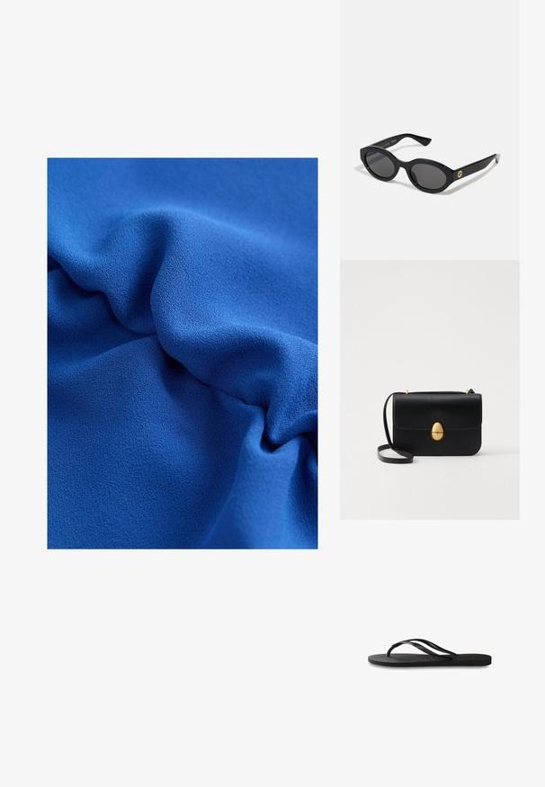 Blauwe textuurstof met zachte, vloeiende draperingen en een gladde oppervlakte, die een rijke kleur en subtiele glans benadrukt.; Zwarte flip-flop met een gestructureerde rubberen zool, twee slanke banden en een subtiele, ingedrukte logo-detail op de band.; Zwarte ovale zonnebril met donkere glazen en een glanzend kunststof frame. Heeft een gouden logo op de poot, dat een strakke en moderne uitstraling biedt.; Zwarte leren handtas met een gestructureerde rechthoekige vorm. Voorzien van een gouden ovale sluiting en een dunne schouderband. Glad van textuur.