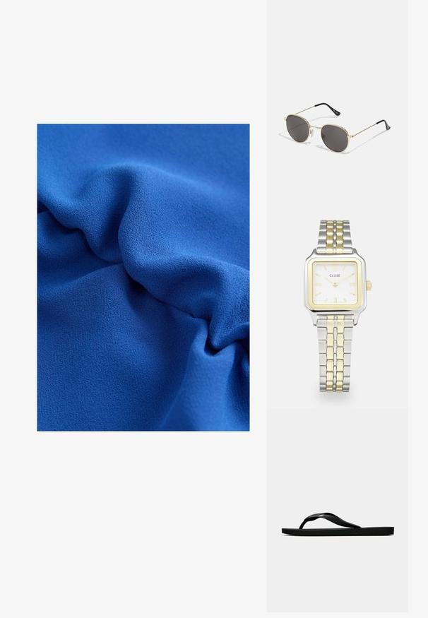 Blaues Textilgewebe mit sanften, fließenden Drapierungen und einer glatten Oberfläche, die eine satte Farbe und subtilen Glanz hervorhebt.; Schwarze Gummi-Flip-Flop-Sandale mit einem strukturierten Riemen und einfacher flacher Sohle, von der Seite auf einem schlichten hellen Hintergrund dargestellt.; Runde Sonnenbrillen mit dunklen Gläsern, dünnem goldfarbenem Metallrahmen, Kunststoff-Tempelenden und verstellbaren Nasenpads. Minimalistisches Design mit klassischem Look.; Quadratische Cluse-Uhr mit weißem Zifferblatt, goldenen und silbernen Akzenten sowie einem Bicolor-Armband mit wechselnden goldenen und silbernen Gliedern.
