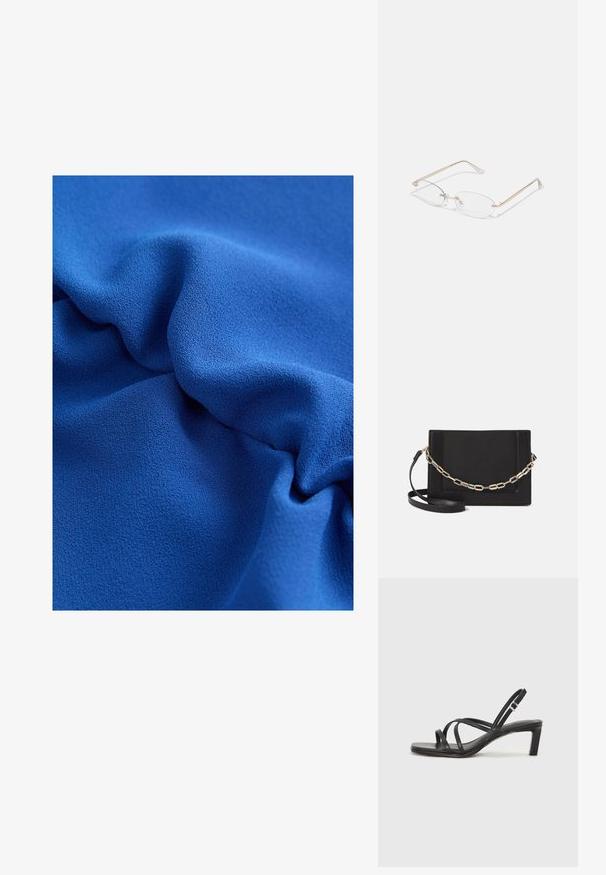 Tissu bleu texturé avec des drapés souples et fluides, possédant une surface lisse, mettant en valeur une couleur riche et un subtil éclat.; Sandale noire à lanières avec un bout carré et un petit talon bloc. Elle présente plusieurs fines lanières et une sangle de cheville ajustable. Fabriquée en cuir lisse.; Lunettes en métal doré avec des verres ovales, des branches fines et des plaquettes de nez transparentes. Présente des accents subtils sur les charnières et des verres transparents.; Sac bandoulière en cuir noir avec une texture lisse, de forme rectangulaire et un détail en chaîne métallique à l'avant. Sangle réglable incluse.