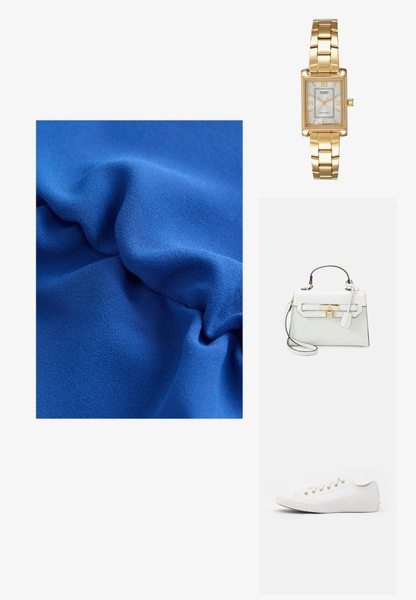 Blauwe textuurstof met zachte, vloeiende draperingen en een gladde oppervlakte, die een rijke kleur en subtiele glans benadrukt.; Converse CHUCK TAYLOR ALL STAR - Sneakers laag - vintage white/light gold; Witte handtas met krokodillenstructuur, gouden hardware, bovenhandvat en afneembare schouderband; beschikt over een slotvergrendeling en een minimalistisch ontwerp.; Gouden rechthoekige polshorloge met een witte wijzerplaat, zilverkleurige uurmarkeringen en een duurzame metalen schakelarmband. Inclusief waterdichte functie.