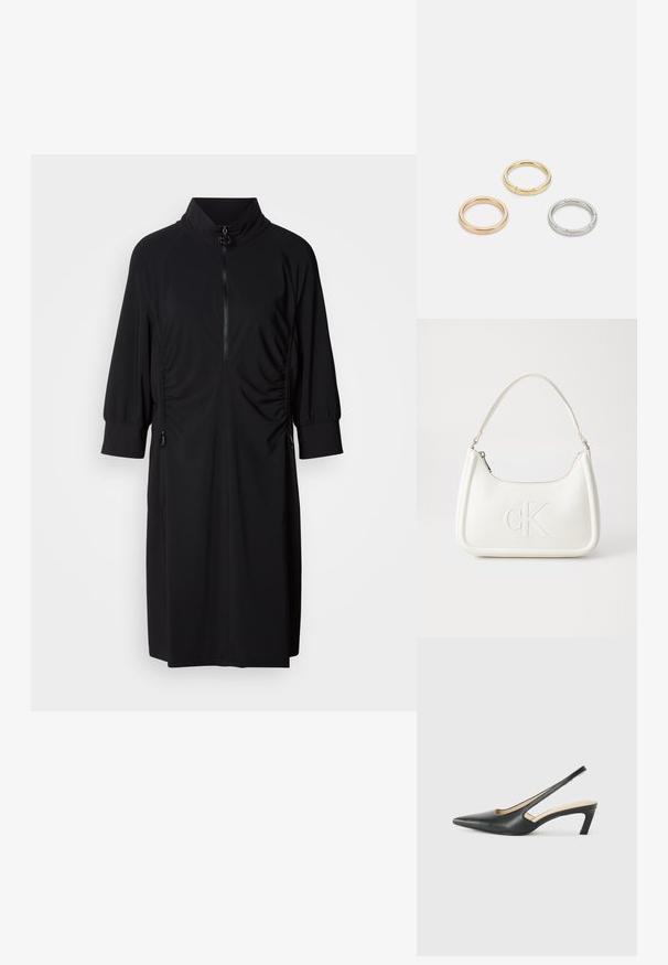 Rochie neagră cu guler înalt, fermoar pe jumătate în față și volane tonale pe laterale. Fabricată dintr-un material neted, cu mâneci cu pliuri și accente.; Pantof cu toc mic, cu vârf ascuțit și slingback, realizat din piele netedă, având un design decupat pe lateral pentru respirabilitate.; Geantă de umăr din piele albă cu formă curbată, având un logo "CK" embosat pe partea din față și un singur braț de umăr. Închidere cu fermoar în partea de sus.; Trei inele din metal: unul roz aurie, unul auriu cu accente texturate și unul argintiu, toate cu branding gravat pe banda interioară.