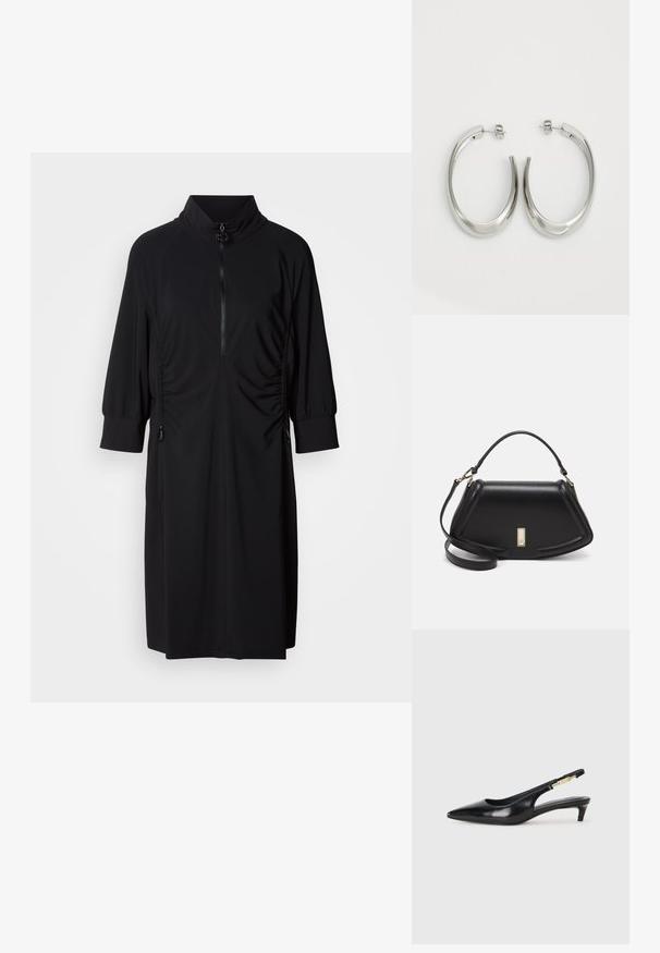 Črna obleka z visokim ovratnikom, polovičnim zadrgo spredaj in tonom stranskim nabiranjem. Narejena iz gladkega materiala z nabranimi rokavi in poudarki.; Črne usnjene sandale na peto z ostro konico, ki imajo tanko peto in zlat ton na nastavljivem traku. Gladka tekstura.; Črna usnjena torbica s strukturnim dizajnom, ki ima skrajšano obliko, zgornji ročaj in zlate dodatke. Vključena je nastavljiva ramenska naramnica.; Srebrni uhani v obliki obroča z gladkim, ukrivljenim oblikovanjem. Imajo sijajno kovinsko površino in zapiranje na žebljiček. Brez vidnih vzorcev ali dodatkov.