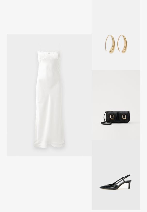 Balts satīna kleita ar plānām siksnām, izteiksmīga korpusa forma ar viļņveida augšējo apdari un plūstoša, potītes garuma siluets.; Melna patent āda ar slīdošo papēdi un smailo purngalu, ar teksturētu čūsku drukājumu, regulējamu siksniņu un īsu teksturētu blokpapēdi.; Melnas ādas crossbody soma ar divām priekšējām kabatām, zelta sprādzēm, ar rāvējslēdzēju aizdari un šauru siksnu. Strukturēta virsma un kompakta taisnstūra forma.; Zelta toņu metāla gredzena auskari ar izliektu, pagarinātu formu. Ar gludu, spīdīgu virsma un noapaļotu galu papildu detaļām.