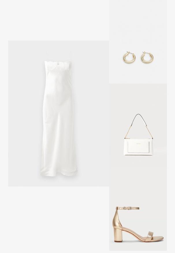 White satin slip dress with thin straps, shaped bodice with scalloped top detailing, and a flowing, ankle-length silhouette.; Lauren Ralph Lauren LOGAN METALLIC NAPPA LEATHER SANDAL - Sandals - platinum; White leather handbag with a textured finish, featuring a gold chain strap and black accents. Includes a front pocket and zipper closure.; Lauren Ralph Lauren BASIC SMALL HOOP - Earrings - gold-coloured