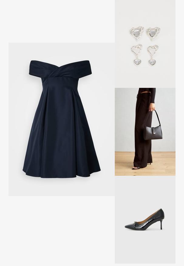 Mørkeblå avskjært kjole i satin med figursydd liv, plissert skjørt og en glatt tekstur. Enkel design, ingen synlige mønstre.; Sorte patent lær høyhælte sko med spiss tå, dekorativ stroppdetalj foran og tynn stiletthel.; Svart håndveske med strukturert form, jevn tekstur og metallisk lås. Kombinert med brede svarte bukser og sandaler med åpen tå på tregulv.; Sølv hjerteformede øredobber har fasetterte klare steiner med en teksturert ramme. Sett inkluderer både stud- og hengende stiler.