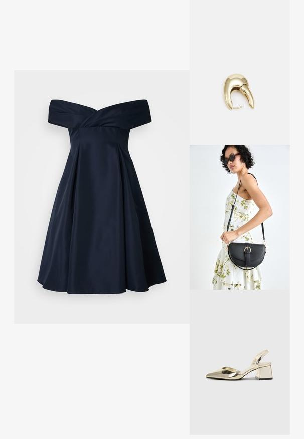 Vestido azul marinho de cetim, com alças caídas, corpete justo, saia plissada e uma textura suave. Design simples, sem padrões visíveis.; Sapatos de salto alto metálicos dourados, com biqueira em ponta e salto grosso. Textura suave, design minimalista e uma tira estreita.; Bolsa de couro preta com forma curva, alça destacável e detalhes em dourado. A bolsa possui uma aba com detalhe de fivela.; Brinco em metal dourado com um design elegante e curvo. Apresenta uma forma pontiaguda distinta, superfície polida e fecho por dobradiça.
