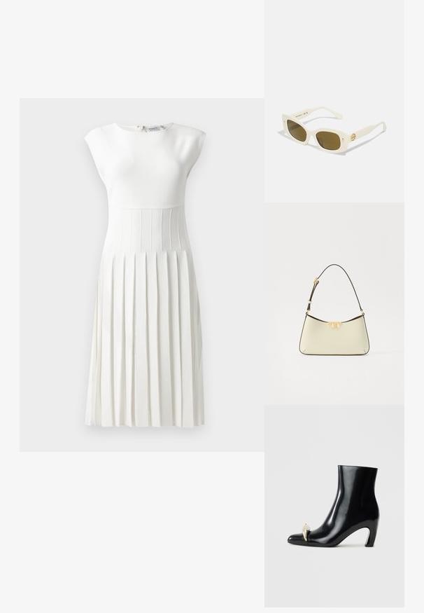 White pleated dress with a fitted top, cap sleeves, textured bodice, and a flared skirt. Zipper detail at back, smooth fabric finish.; Black ankle boot made of glossy leather, featuring a pointed toe and a decorative gold and silver accent at the front. Block heel design.; White plastic sunglasses with a rectangular frame, brown lenses, and a gold accent on the temple. Smooth texture and modern design.; Leather handbag in cream with a curved shape. Features a gold-tone logo accent and a thin, adjustable dark strap.