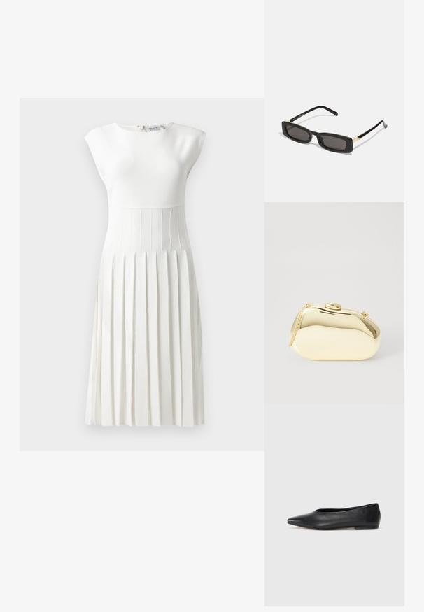 White pleated dress with a fitted top, cap sleeves, textured bodice, and a flared skirt. Zipper detail at back, smooth fabric finish.; Black leather ballet flat, pointed toe, minimalistic design, smooth texture, low-profile heel, no visible hardware or embellishments.; Black rectangular sunglasses with dark lenses, glossy plastic frames, and gold accents on the temples. Minimalist design and sleek shape.; Metallic gold clutch with a smooth, rounded shape, featuring a top button clasp and a small chain strap for carrying.