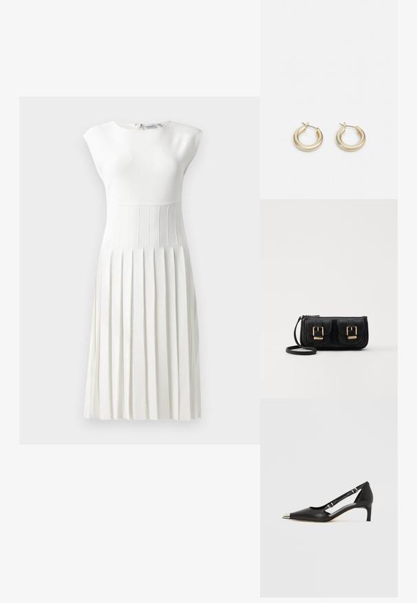 Valge volditud kleit sobiva ülemise osa, lühikeste varrukate, tekstureeritud rinnaosa ja laieneva seeliku külge. Seljaosas tõmblukk, sile kangas.; Mustast nahast kassikontsaga king, millel on terava kujuga hõbedane nina ja topeltsõlmedega rihmad, valgel taustal.; Must küllastamata nahast õlakott, millel on kaks esist nähtavat taskut, kuldsed pandlad, tõmblukuga sulgemine ja peen rihm. Tekstuuriga pind ja kompaktne ristkülikukujuline kuju.; Lauren Ralph Lauren BASIC SMALL HOOP - Kõrvarõngad - gold-coloured