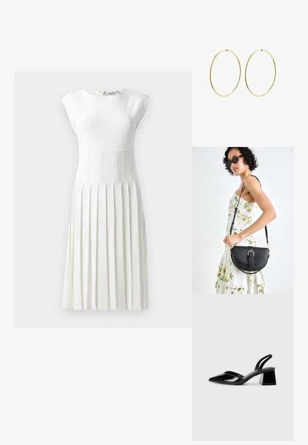 Valge volditud kleit sobiva ülemise osa, lühikeste varrukate, tekstureeritud rinnaosa ja laieneva seeliku külge. Seljaosas tõmblukk, sile kangas.; Mustad musta lakknahk kingad, millel on terav varvas ja geomeetriline plokkkonts. Omab elegantselt minimalistlikku disaini ja sujuvat tekstuuri.; Mustmust mustraha kõverate joontega, eemaldatava rihmaga ja kuldsete detailidega. Kotil on klapp, millel on pandladetail.; Kuldsest rõngastest kõrvarõngad sileda, ümarate joontega. Õhukesed ja kerged, koosnevad pidevast ringsest kujundist ilma kaunistusteta.