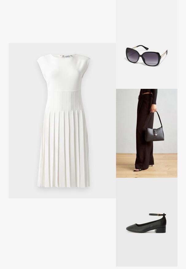 White pleated dress with a fitted top, cap sleeves, textured bodice, and a flared skirt. Zipper detail at back, smooth fabric finish.; Black leather pump with a pointed toe and a low block heel. Features an ankle strap with a gold-tone buckle. Smooth texture.; Black oversized sunglasses with gradient lenses, thick frames, and gold-tone chain detailing on the temple arms.; Black handbag with structured shape, smooth texture, and a metallic clasp. Paired with wide black pants and open-toe sandals on wooden floor.