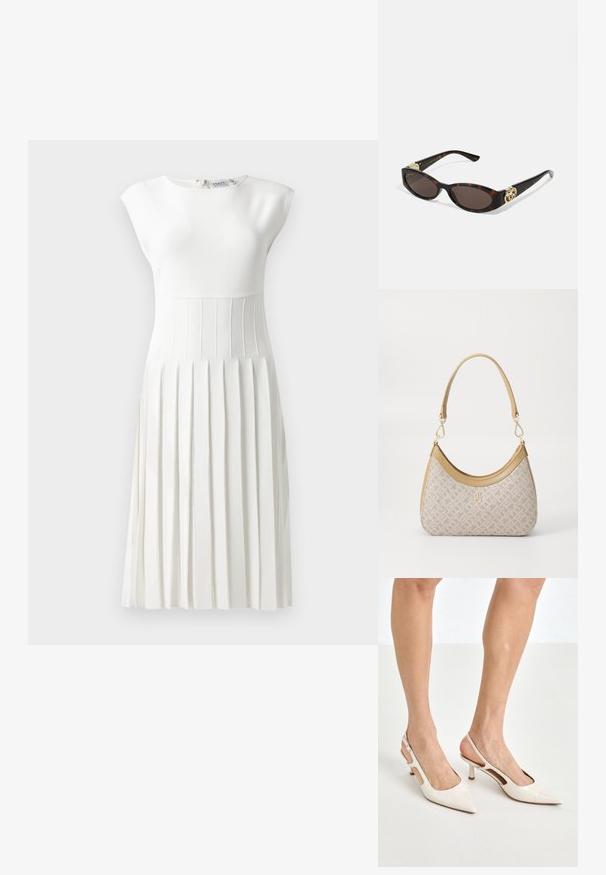 Weißes plissiertes Kleid mit formfittendem Oberteil, kurzen Ärmeln, strukturiertem Oberteil und schwingendem Rock. Reißverschlussdetail auf der Rückseite, glatte Stoffoberfläche.; Beige Lackleder Slingback-Absätze mit spitzem Fuß und 5 cm Absatz, mit ausgeschnittenen Seiten und einem schmalen Knöchelriemen.; Schildpatt-Sonnenbrille mit länglich-ovalen Gläsern, braunem Farbton, goldenen Logo-Akzenten an den Bügeln und schlanken schwarzen Bügeln.; Beige gemusterte Handtasche mit geschwungener Form, Lederakzenten und einem goldfarbenen Logo auf der Vorderseite. Verfügt über einen kurzen Griff für einfaches Tragen.