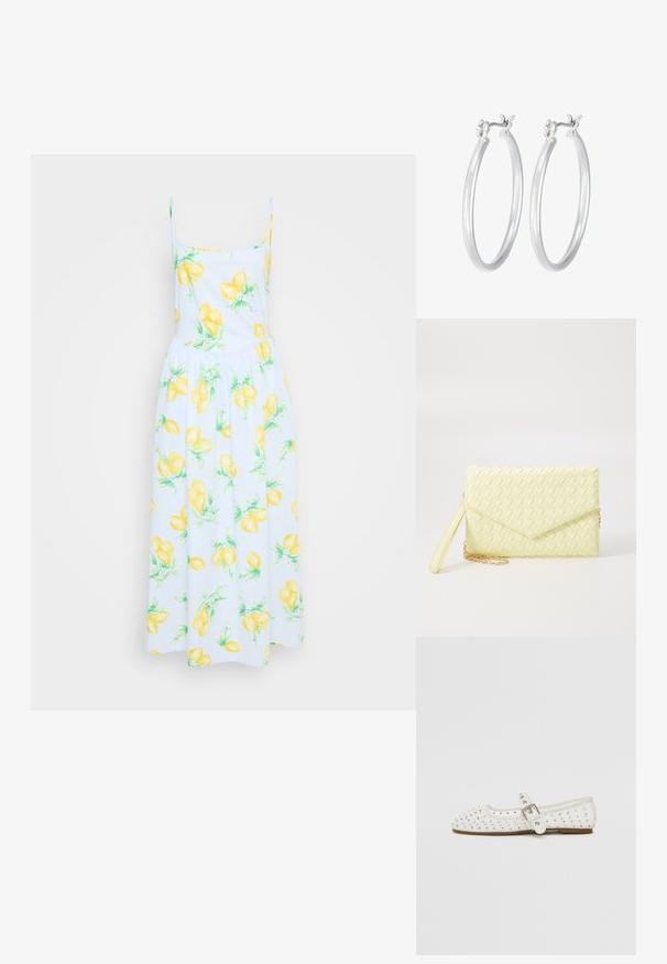 Bijela haljina s printom limuna u žutoj boji, tanke naramenice, uski korzet i lepršava suknja. Tkano pamuk s zelenim detaljima lišća.; Bijela ravna cipela s oštrim nosom, ukrašena srebrnim zakovicama, s kopčom preko gornjeg dijela stopala i svijetlosmešnim đonom.; Žuta pletena novčanica s preklopnim dizajnom, odvojivim remenom za zapešće i zlatnim lancem kao ukrasom. Glatka tekstura i pravokutni oblik.; Srebrne kružne naušnice s glatkom, poliranom površinom. Okrugli oblik i sigurno kopčanje na klik. Lagani dizajn pogodan za svakodnevno nošenje.