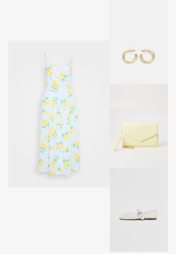 Balta suknelė su geltonų citrinų raštu, plonais petnešomis, prigludusiu sijonu ir laisvu sijonu. Medvilninė medžiaga su žalių lapų akcentais visur.; Balti plokšti batai su smailiu nosiu, puošti sidabrinėmis smeigėmis, turi sagtį per pėdos vidurį ir šviesiai rudą padą.; Geltona audinė piniginė su užsegimu, nuimamą rankinę juostą ir auksinį akcentą. Lygi tekstūra ir stačiakampis forma.; Aukso auskarai su lygiu, blizgiu paviršiumi. Apvalus dizainas su maža užrakto dalimi ir skaidria atrama saugiam nešiojimui.