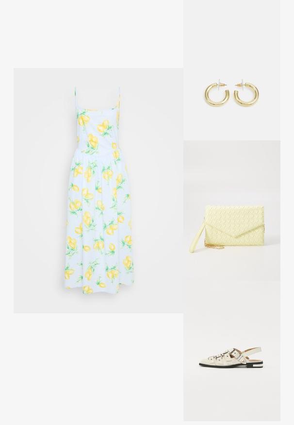 Biele šaty s potlačou žltých citrónov, tenké ramienka, priliehavý vrch a splývavá sukňa. Bambusová látka so zelenými listovými akcentmi po celom obvode.; Sandalové topánky so zapínaním vzadu z bielej kože s viacerými širokými popruhmi a striebornými prackami; plochá podrážka s malým čiernym podpätkom a metalickými akcentmi.; Žltý tkaný clutch peňaženka s preklápacím dizajnom, odnímateľným zápästným remienkom a zlatým reťazovým doplnkom. Hladký povrch a obdĺžnikový tvar.; Zlaté kruhové náušnice s hladkým, lesklým povrchom. Cirkulárny dizajn s malým steblom a jasným záznamom pre bezpečné nosenie.