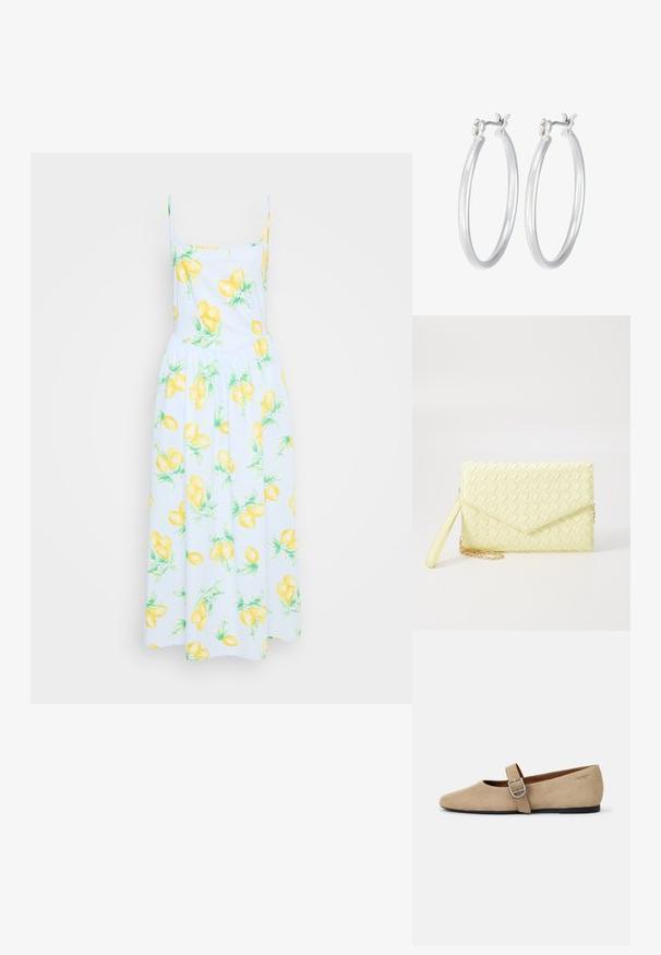 Valge kleit kollase sidruni mustriga, õhukeste rihmadega, kitsa pealsega ja lendleva seeliku osaga. Puuvillane kangas roheliste lehtede aktsentidega.; Bež sametist Mary Jane korterid terava ninaga ja ühekordse reguleeritava rihmaga, millel on hõbedane sang. Must lamineeritud tall.; Kollane kudumine käekott, millel on klapp disain, eemaldatav randme rihm ja kuldne ahelakaunistus. Sile tekstuur ja ristkülikuline kuju.; Hõbedased rõngaskõrvarõngad, millel on sile, läikiv viimistlus. Ümmargune kuju ja turvaline klõpsulatus. Kerge disain, sobib igapäevaseks kandmiseks.