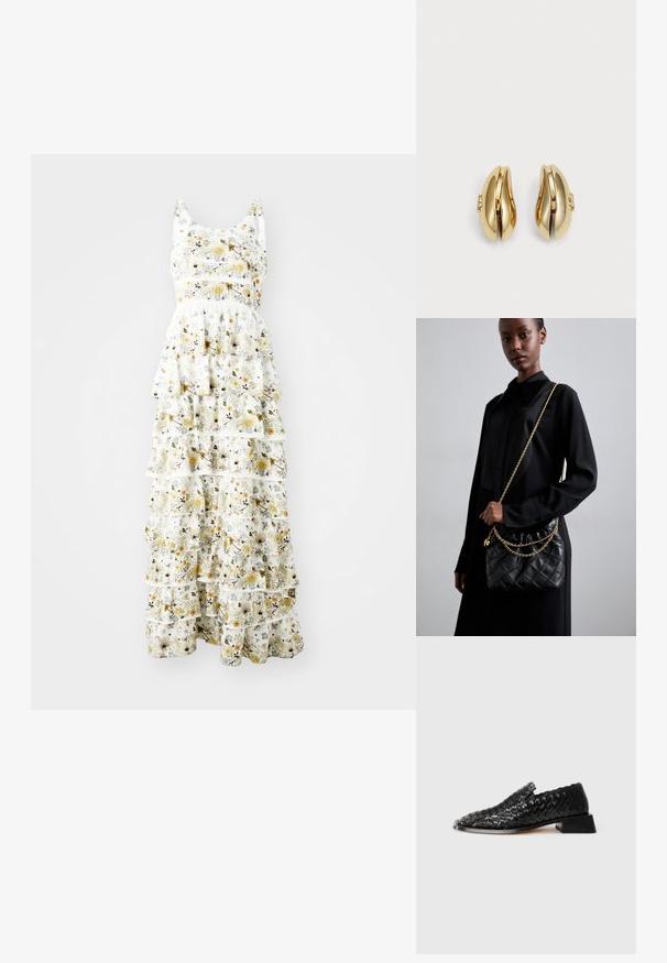 Maxikleid aus leichtem Stoff mit einem weißen Hintergrund und floralen Mustern in Gelb, Lila und Schwarz; geschichtete Rüschen sorgen für Volumen.; Schwarzer, geflochtener Leder-Slipper mit niedrigem Blockabsatz und gewelltem Rand, auf weißem Hintergrund präsentiert.; Schwarze gesteppte Ledertasche mit einem gerafften oberen Teil, goldfarbener Kettenriemen und rechteckiger Form, vor einem schlichten Hintergrund gehalten.; Goldfarbene Ohrringe mit fließendem, geschwungenem Design. Jeder Ohrring hat eine glatte Oberfläche und einen kleinen Verschluss mit einem dekorativen Detail.