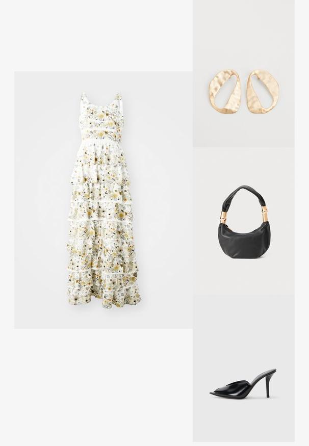 Ilgas suknelė iš lengvos medžiagos su balta fone, puošni geltonais, purpuriniais ir juodais gėlių raštais; sluoksniuotos volanai suteikia apimties.; Juodos odinės aukštakulnės mules su atvira pirštine, smailiu dizainu, lygiu paviršiumi ir plonu stiletto kulnu.; Juodas odinis rankinukas apvalios formos, minkštos tekstūros su susietu rankena ir auksinės spalvos detalėmis. Užtrauktuko uždarymas.; Nedidelis nereguliarus ovalo formos aukso tono metalinių auskarų pora su tekstūruota, šiek tiek kalta paviršiumi ant balto fono.