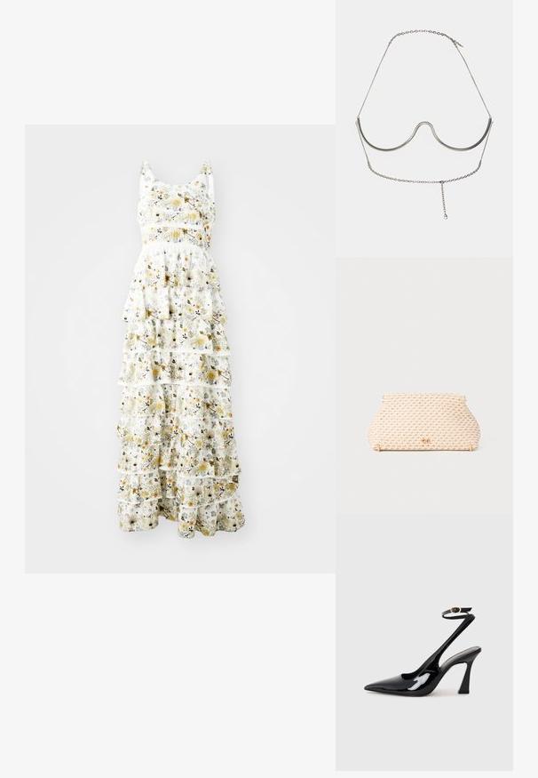 Rochie maxi dintr-un material ușor, cu un fundal alb și modele florale în nuanțe de galben, violet și negru; volanasele stratificate adaugă volum.; Sandale cu toc înalt din piele patent neagră, cu vârf ascuțit, curea ajustabilă la gleznă și toc mediu pătrat. Textură netedă cu un finisaj lucios.; Geantă de mână bej țesută, cu o formă rotundă, accente din metal auriu și un model texturat. Mecanism de închidere în partea de sus.; Cult Gaia ASHA BODY JEWELRY - Alte accesorii - bright shiny silver-coloured