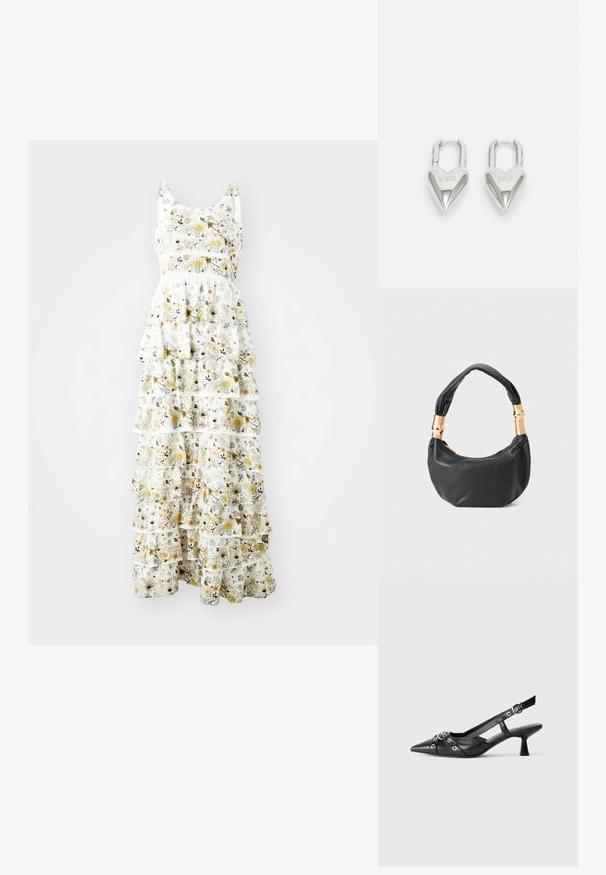Vestido maxi em tecido leve com fundo branco e padrões florais em amarelo, roxo e preto; as camadas de babados adicionam volume.; Sapato slingback em couro preto com biqueira fina, tiras decorativas com ilhós de metal e um pequeno salto quadrado. Superfície texturizada.; Mala de mão em couro preto com forma redonda, textura suave e alça com nó, apresentando detalhes em metal dourado. Fecho em zíper.; Cadeados em forma de coração prateados com inscrições gravadas "SIM" e "NÃO", acabamento polido, design simétrico e um fecho de metal robusto.