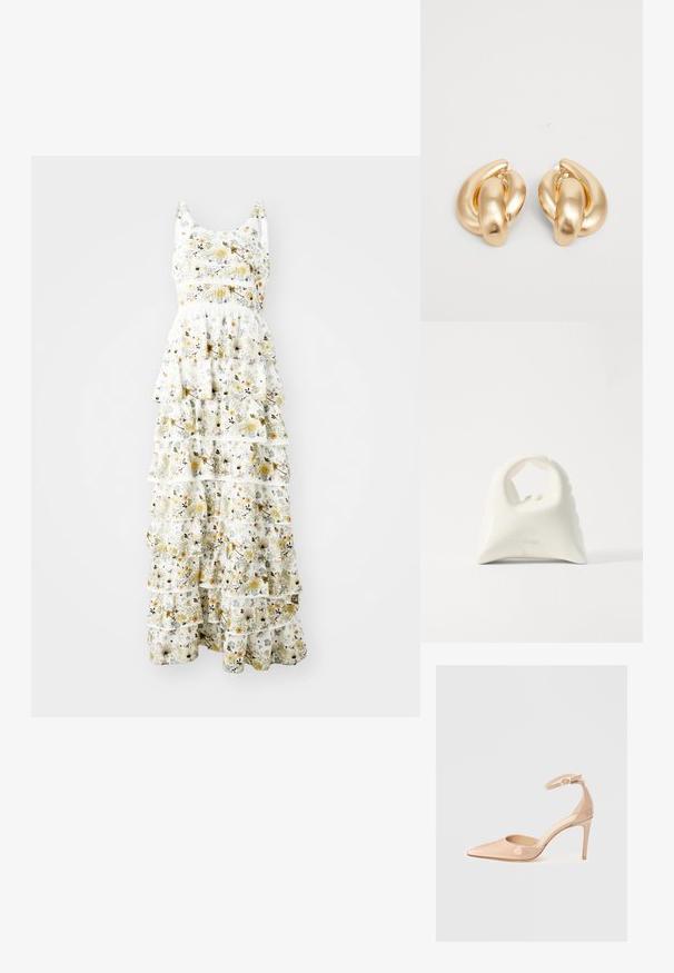 Maxi obleka iz lahkega materiala z belo podlago in rumenimi, vijoličnimi ter črnimi cvetličnimi vzorci; plasteni volani dodajo volumen.; Nude lakirani čevlji s koničastim prstom, z naramnicami in stiletto peto, ki se ponašajo z gladko teksturo in minimalističnim dizajnom.; Bela torbica z teksturiranim, ukrivljenim dizajnom. Ima izrazito ročico in zaobljen dno, z gladko površino in minimalno opremo.; Zlato obarvani kovinski uhani z zvitim dizajnom, ki ima gladko, sijočo površino in zaobljene oblike. Vsak meri približno 5 centimetrov.