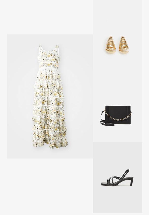 Maxi šaty z lehkého materiálu s bílým pozadím a žlutými, fialovými a černými květinovými vzory; vrstvené volánky dodávají objem.; Černé sandály na tenkém podpatku se čtveratou špičkou a nízkým blokovým podpatkem. Mají několik tenkých popruhů a nastavitelné zapínání okolo kotníku. Vyrobeny z hladké kůže.; Černá kožená crossbody taška s hladkým povrchem, obdélníkovým tvarem a kovovým řetízkem na přední straně. Součástí je nastavitelný popruh.; Náušnice ve zlatém odstínu ve tvaru prodloužených kuželů se spirálovými detaily. Hladký povrch s odrazivým zakončením, obsahující zakřivené akcenty.