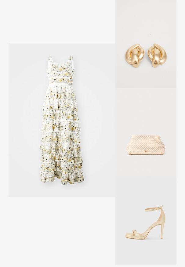 Maxi ruha könnyű anyagból, fehér háttérrel, sárga, lila és fekete virágmintákkal; a rétegezett fodrok térfogatot adnak.; Arany fémes, magas sarkú szandál nyitott orral, bokapánttal és csattal, valamint emelt talppal a magasabb magasságért. Simaság érzet.; Fonott bézs színű kézitáska kerekded formával, arany tónusú fém kiegészítőkkel és texturált mintázattal. Zárómechanizmus a tetején.; Arany színű fém fülbevalók csavart mintával, sima, fényes felülettel és lekerekített formákkal. Mindegyik körülbelül 5 cm hosszú.