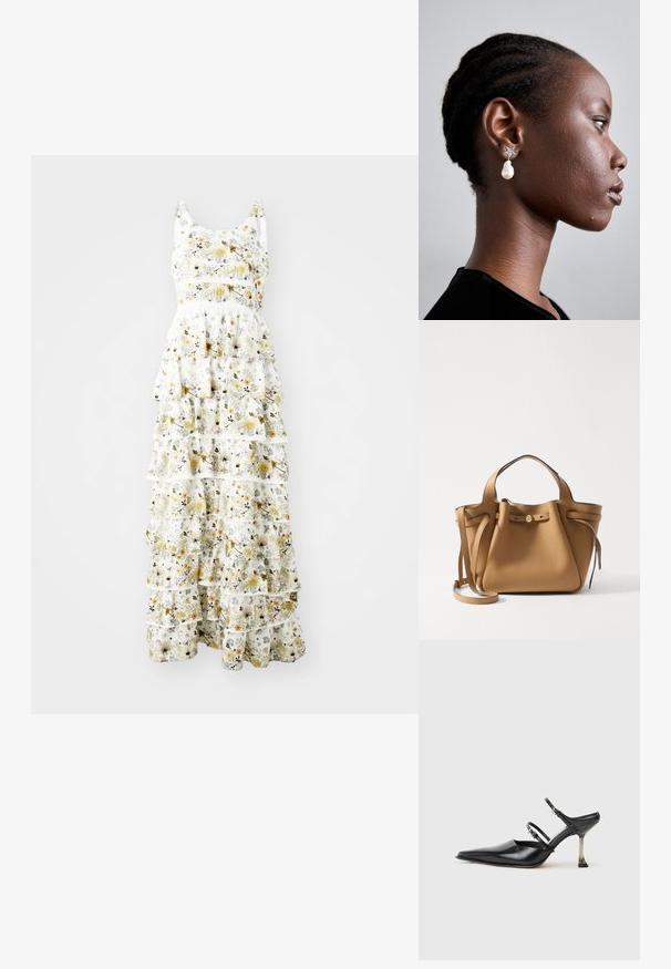 Maxi sukienka z lekkiego materiału, z białym tłem i żółtymi, fioletowymi oraz czarnymi wzorami kwiatowymi; warstwowe falbany dodają objętości.; Czarne skórzane buty na obcasie ze spiczastym noskiem, z dwoma regulowanymi paskami i metalicznym obcasem. Gładka tekstura i minimalistyczny design.; Tory Burch ROMY wielbłądzi; Tory Burch - Kolczyki