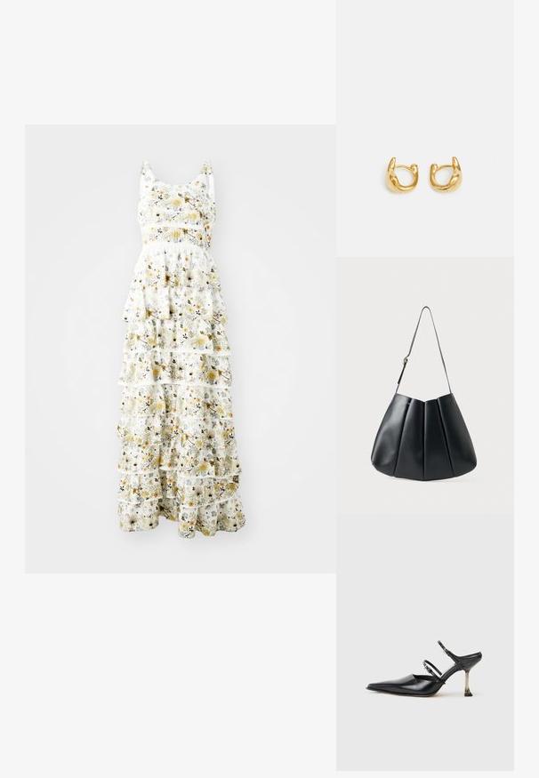 Maxi šaty z ľahkého materiálu s bielym pozadím a žltými, fialovými a čiernymi kvetinovými vzormi; vrstvené volány pridávajú objem.; Čierne kožené topánky na opätku s špicatou špičkou a dvoma nastaviteľnými popruhmi. Hladký povrch a minimalistický dizajn.; Čierna kožená kabelka cez rameno s plisovaným dizajnom, hladkým povrchom, jedným popruhom a jemným zlatým príslušenstvom.; Zlaté kruhové náušnice s hladkým, zaobleným dizajnom a lesklým povrchom. Náušnice majú kompaktný, hrubý tvar a bezšvíkovú sponu.