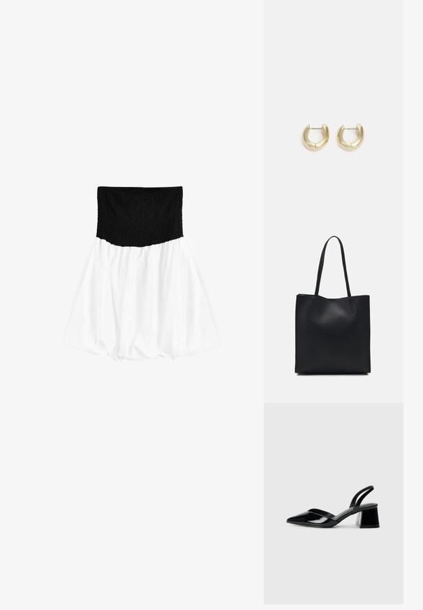 Juodas surinktas liemuo su baltu, išpūstu, sklandžiu sijonu. Audinys atrodo lengvas ir minkštas, su lygiu tekstūru.; Juodos lakuotos odinės šlepetės su smailiu pirštu ir geometriniu bloko kulnu. Turi elegantišką, minimalistinį dizainą ir lygų paviršių.; Juodas odinis tote krepšys su lygia tekstūra, stačiakampio formos ir dviem ilgais rankenomis. Matomų metalinių detalių ar puošybos nėra.; Auksinės tonacijos auskarai-žiedai su lygiu, poliruotu paviršiumi. Yra pusmėnulio forma ir patikimas užsegimas.