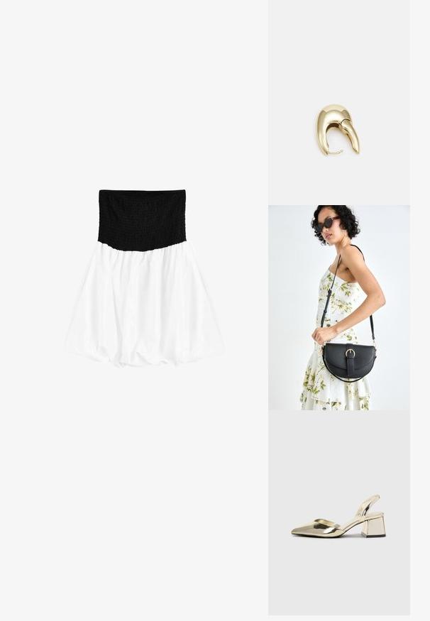Cintura fruncida negra con una falda blanca, voluminosa y fluida. La tela parece ligera y suave, con una textura lisa.; Tacones slingback metálicos dorados con punta afilada y tacón grueso. Textura suave, diseño minimalista y una correa estrecha.; Bolso de piel negra con forma curva, correa desmontable y herrajes dorados. El bolso cuenta con una solapa con un detalle de hebilla.; Pendiente de metal en tono dorado con un diseño elegante y curvado. Presenta una forma puntiaguda distintiva, superficie pulida y cierre de bisagra.